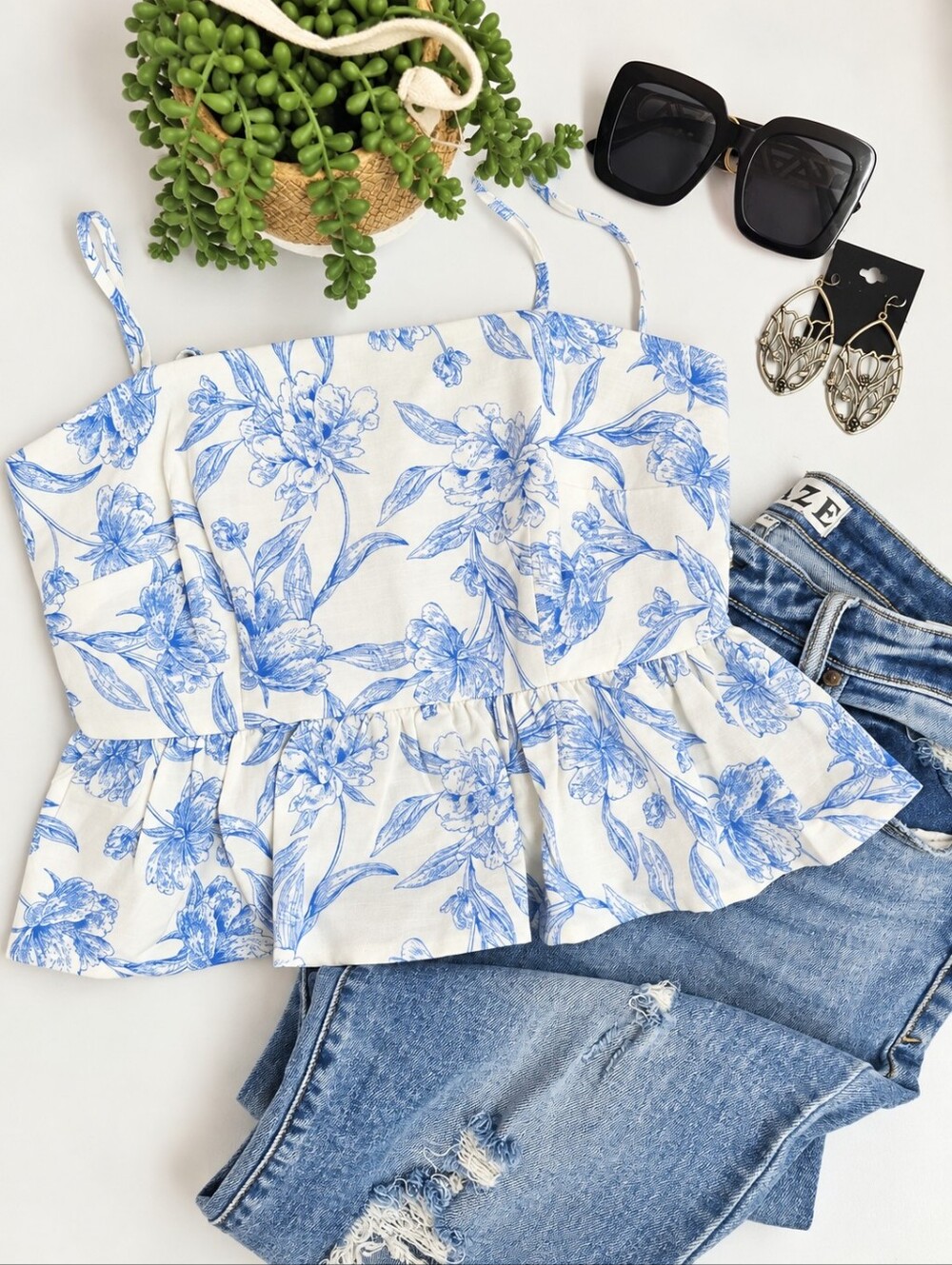 A New Day Blue White Spaghetti Cropped Tank Top